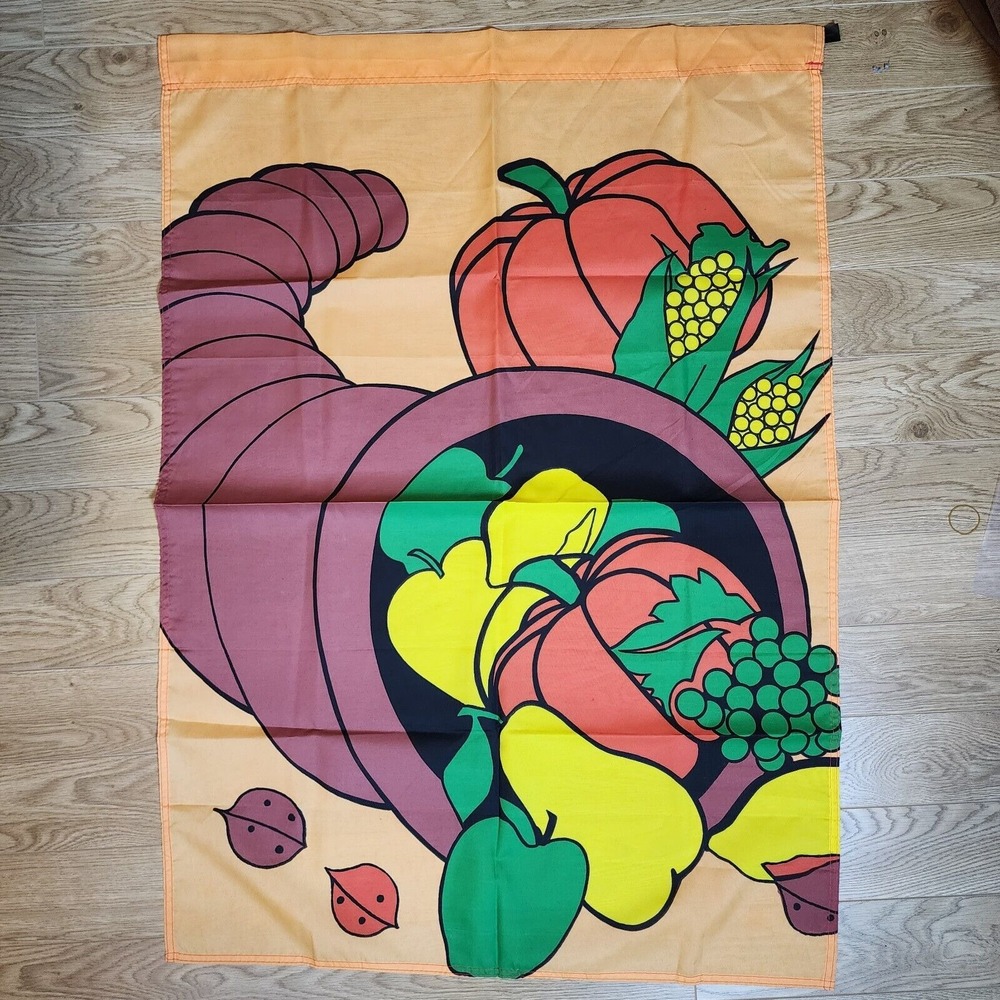 Vintage Emson Laurie Korsgaden Harvest Cornucopia Garden Flag 28x40 Thanksgiving